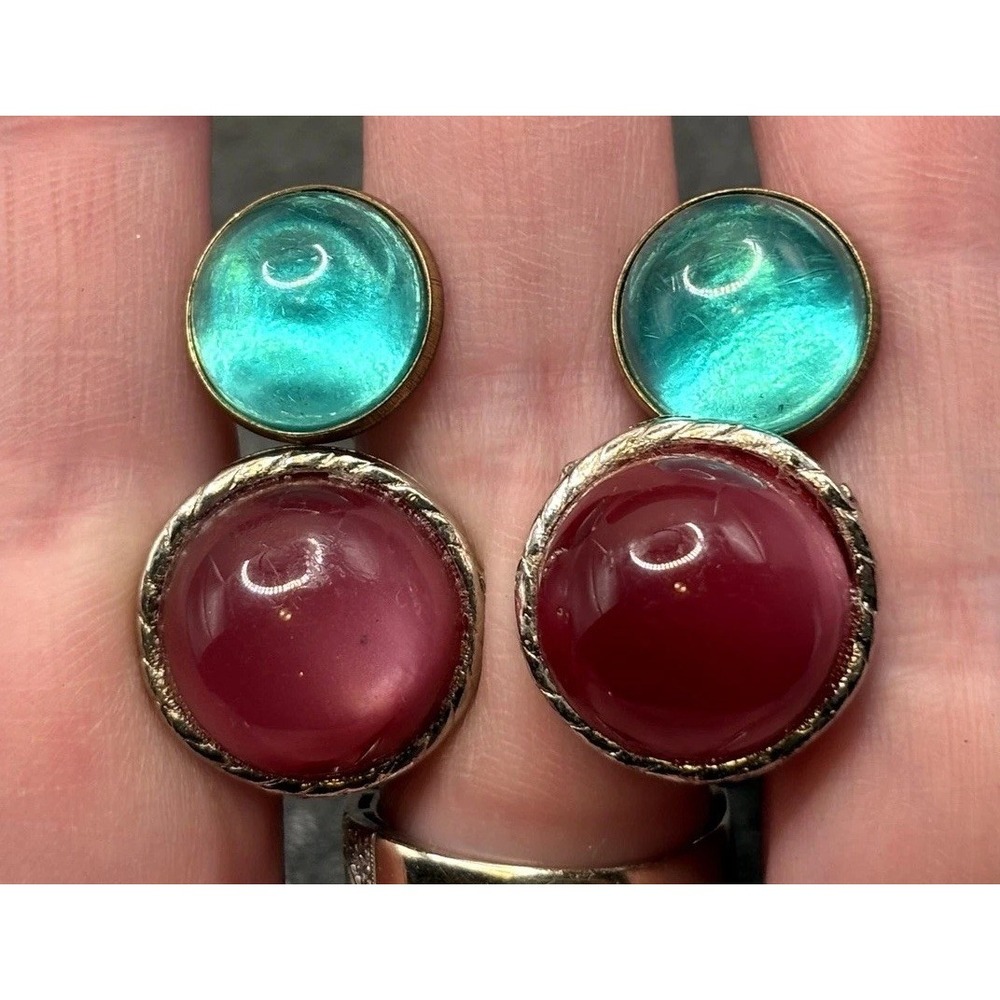 VTG 2 Pairs Cabochon Moonglow Cufflinks Lot Pink Silver Tone Green Brass Tone